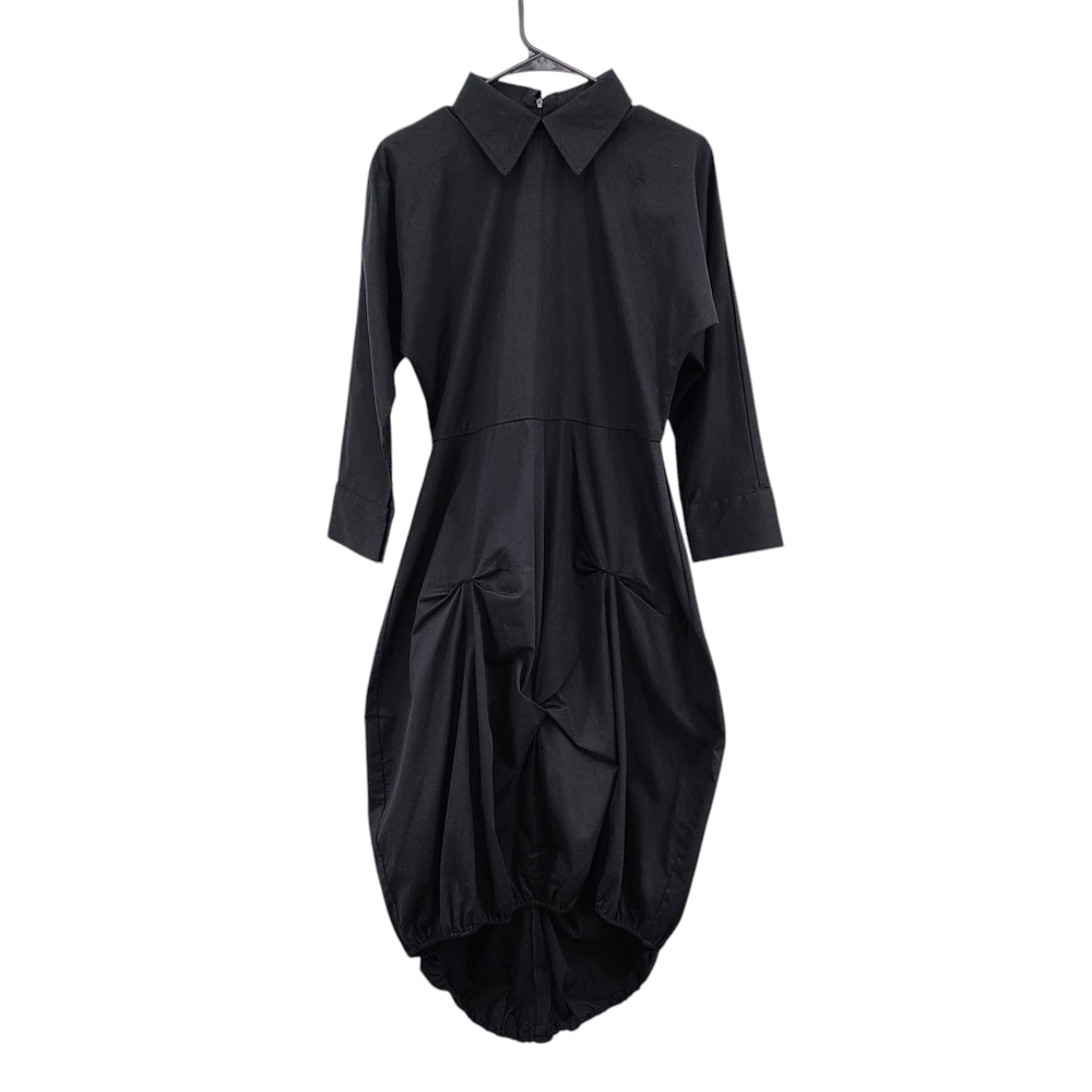 Adeptt Women's Ruched Details Black Collared Balloon Dress Sz M